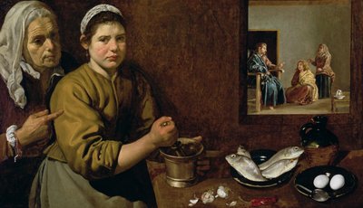 Köksscen med Kristus i Marthas och Marias hus, ca 1618 (olja på duk) av Diego Velázquez