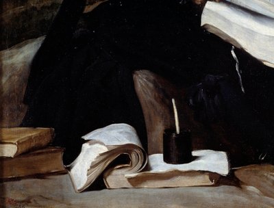 Porträtt av gycklaren Diego de Acedo, detalj. Böcker. Målning av Diego Rodriguez de Silva och Velasquez (1599-1660) av Diego Velázquez