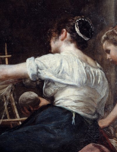 Spinnarna eller Arachne Detail-fabeln om en ryggarbetare. Målning av Diego Rodriguez de Silva y Velasquez (1599-1660), ca. 1653. Sön 2,2x2,89 m Madrid, Pradomuseet av Diego Velázquez
