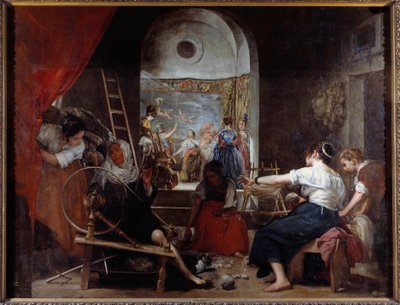 spinnarna eller fabeln om Arachne-målningen av Diego Rodriguez de Silva y Velasquez (1599-1660), ca. 1653. Sön. 2,2x2,89 m Madrid, Musee du Prado - Spinnarna eller Fabeln om Arachne. Målning av Diego Rodriguez de Silva y Velazquez (Velasquez av Diego Velázquez