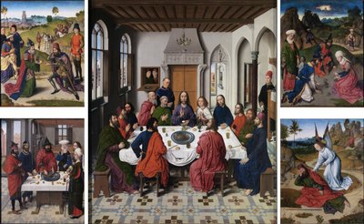 Insamlingen av manna och påsken (höger vänster), Den sista måltiden (mitten), Mötet mellan Abraham och Melkisedek och Elias som väcktes av ängeln (1 Kungaboken 19:5-6) (höger höger) av Dieric Bouts