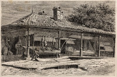 En slaktare och ett bageri i Bukarest (Rumänien). Gravyr för att illustrera resan från Paris till Bukarest av Lancelot, designer, 1860, i "Le tour du monde, nouveau journal des voyages", publicerad under ledning av Edouard Charton av Dieudonne Auguste Lancelot