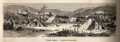 En zigenareby. Gravyr för att illustrera resan från Paris till Bukarest, av Lancelot, ritare, 1860, publicerad i "Le tour du monde, nouveau journal des voyages", under ledning av Edouard Charton av Dieudonne Auguste Lancelot