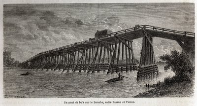En träbro över Donau, mellan Passau och Wien, teckning av Lancelot, för att illustrera Victor Duruys resa från Paris till Bukarest 1860. Gravyr i "" Le tour du monde"", redigerad av Edouard Charton av Dieudonne Auguste Lancelot