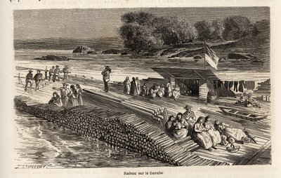 En träflotte på Donau, för transport av varor och människor, teckning av Lancelot, för att illustrera Victor Duruys resa från Paris till Bukarest 1860. Gravyr i "" Le tour du monde", redigerad av Edouard Charton av Dieudonne Auguste Lancelot