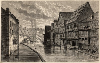 Gamla garverier, i Ulm, teckning av Lancelot, för att illustrera Victor Duruys resa från Paris till Bukarest 1860. Gravyr i "" Le tour du monde", redigerad av Edouard Charton av Dieudonne Auguste Lancelot
