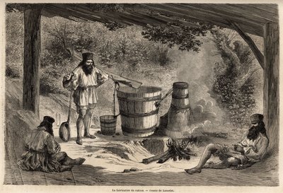 Tillverkning av rakiou, spannmålsalkohol, typ av snaps mycket vanlig i Rumänien. Gravyr för att illustrera resan från Paris till Bukarest, av Lancelot, ritare, 1860, publicerad i "Le tour du monde, nouveau journal des voyages", under direktivet av Dieudonne Auguste Lancelot