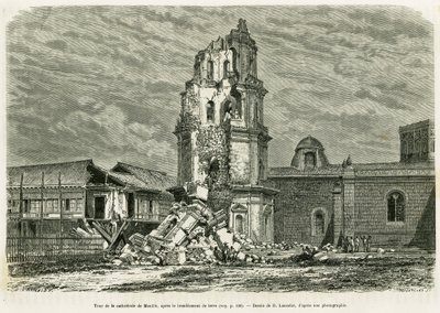 Tower of the Cathedrale of Manila, efter jordbävningen den 18 juli 1880. Gravyr av Lancelot för att illustrera historien Lucon och Palaouan, sex år i Filippinerna, av Alfred Marche av Dieudonne Auguste Lancelot