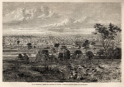 Vy över Melbourne (Australien), teckning av Lancelot, för att illustrera minnen av en fransk husockupant i Australien, 1854-1859, av M. de Castella. Gravyr i ”” Le tour du monde”” 1861. Selvas samling. av Dieudonne Auguste Lancelot