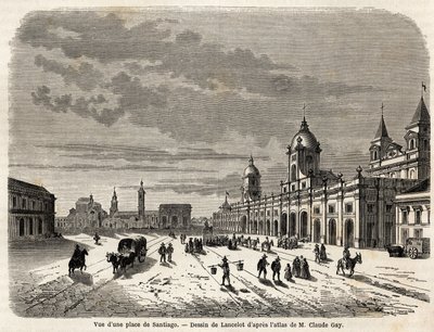 Utsikt över ett torg i Santiago (Chile), teckning av Lancelot, för att illustrera resan till Sydamerika, 1823, av Giovanni Mastai Ferretti (1792-1878, framtida Pius IX). Gravyr i "" Le tour du monde, nouveau journal des voyages"" Paris av Dieudonne Auguste Lancelot