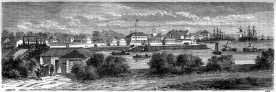 Vy över USA:s koncession på Huangpufloden i Shanghai 1860, Kina. Gravyr av Lancelot, i "" Le Tour du Monde, Nouveau journal des Voyages", redigerad av Edouard Charton, Paris av Dieudonne Auguste Lancelot