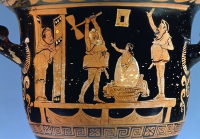 Rödfigurs klockkrater: detalj av dekoration som visar en scen från en pjäs, apulisk keramikdetalj av 85027 av Dijon Painter