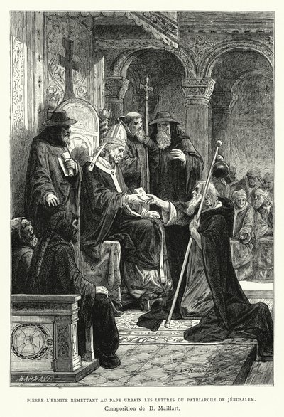 Eremiten Peter levererar till påven Urban breven från patriarken av Jerusalem (gravyr) av Diogene Ulysse Napoleon Maillart