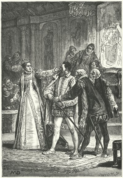 Earlen av Essex hotade att dra sitt svärd efter att drottning Elizabeth I slagit honom runt örat för hans oförskämdhet, 1598 av Diogene Ulysse Napoleon Maillart