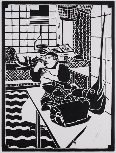 Fisk till salu, Sicilien, 2025 (Linoleumsnitt) av Dione Verulam