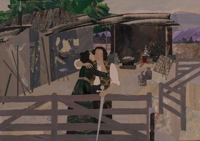 Farvälet vid Hundings stuga, Wagners ringcykel, 2024 (collage) av Dione Verulam