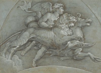 En bevingad Putto som rider på en havshäst och ett lejon efter Raphael, verso..., 1574. av Dionisio Calvaert