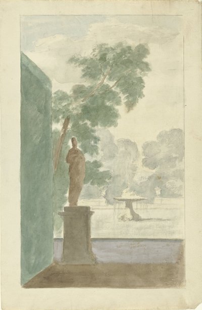 Design för en väggdekoration i en hall: Utsikt över en trädgård med staty, fontän och urnor av Dionys van Nijmegen (possibly)