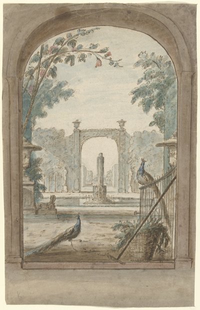Design för en rumsmålning med utsikt genom ett staket på en trädgård, påfåglar och trädgårdsredskap av Dionys van Nijmegen (possibly)