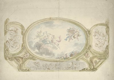 Design för en takmålning: oval med allegorisk representation, omgiven av scener med putti av Dionys van Nijmegen (possibly)