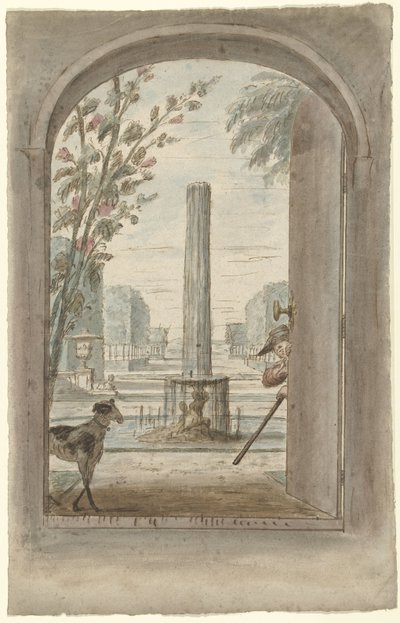 Design för en rumsmålning med utsikt genom en öppen dörr i en trädgård med en fontän av Dionys van Nijmegen
