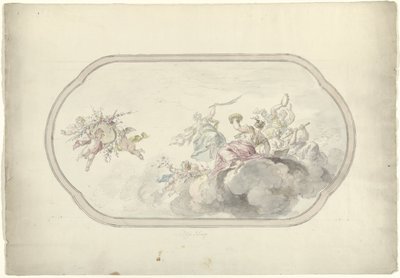 Design för en takmålning med musikskapande kvinnor och putti med en blomsterkorg som allegori på Blijdschap av Dionys van Nijmegen