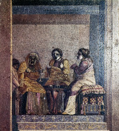 Romersk mosaik av scen från lek med maskerade skådespelare, Villa of Cicero, Pompeji, c2:a århundradet f.Kr. av Dioscurides of Samos