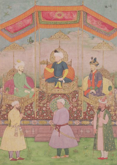 Mughal-kejsaren Babur och hans son, Humayan, indisk miniatyr från Rajasthan, 1500-talet av Dip Chand