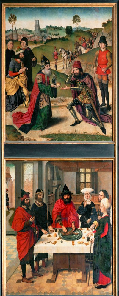 Nattvardsaltaret, vänstra flygeln: överst: Abraham och Melkisedek (målning på trä) av Dirck Bouts