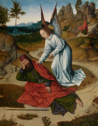 Elia in the Desert, detalj från altartavlan för det heliga sakramentet, c.1464-68 (olja på panel) av Dirck Bouts