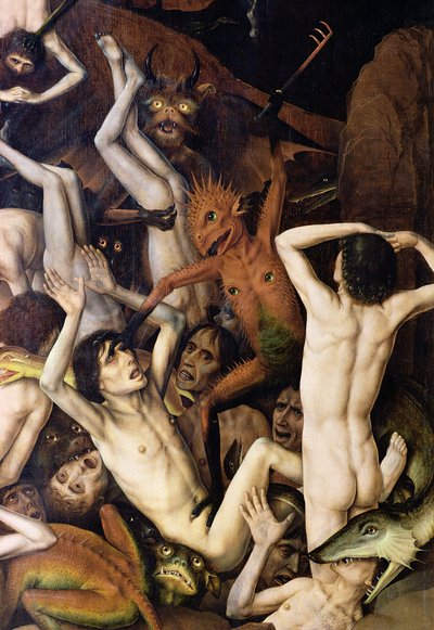 Helvete, detalj av en demon som slår de fördömda, ca 1450 av Dirck Bouts