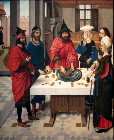 Församlingskyrka (Parochiekerk Sint-Pieter). Målning. Sista måltiden. Dirk Bouts. 1464-1468. Detalj. Vänster panel. av Dirck Bouts