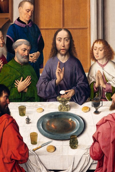 Församlingskyrka (Sankt Peters församlingskyrka). målning. Sista måltiden. Dirk Bouts. 1464-1468. Detalj. central panel. av Dirck Bouts