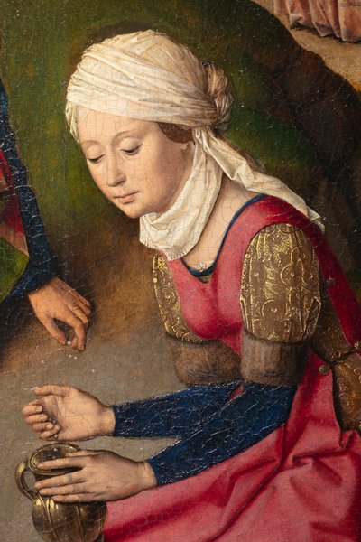 Församlingskyrka (Parochiekerk Sint-Pieter). Målning. Sista måltiden. Dirk Bouts. 1464-1468. Detalj. Höger panel. av Dirck Bouts