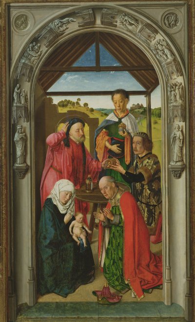 The Adoration of the Magi, c.1445 olja på paneldetalj av 36895 av Dirck Bouts