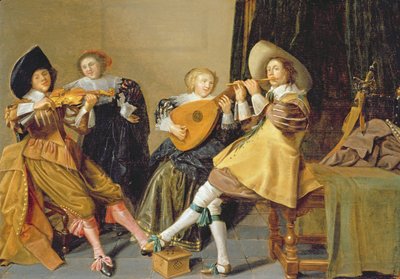 Ett elegant företag som spelar musik i en interiör av Dirck Hals