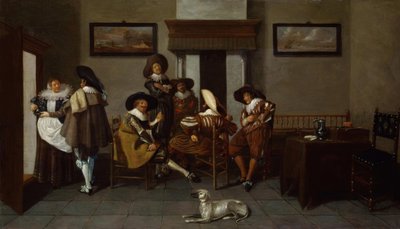 Dirck-hals, elegant kl. Män och en piga av Dirck Hals