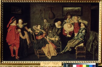 ""The Merry Company"" (The Merry Company) Festen i ett rikt holländskt residens, ett bord av elegant klädda borgare. Målning av Dirck Hals (1591-1656) 1600-talet Mått 41x66 cm Pushkin-museet, Moskva av Dirck Hals