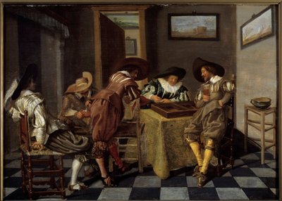 Delen av tric trac (tri-trac: gammalt backgammonspel). Målning av Dirk Hals (1591-1656), ca 1615-1625. Olja på trä. Mått: 0,38 X 0,53 m. Lille, Musee Des Beaux Arts - Tic-trac-spelare ("Trictrac: antikt backgammonspel). Målning av Dirk Hals (159 av Dirck Hals