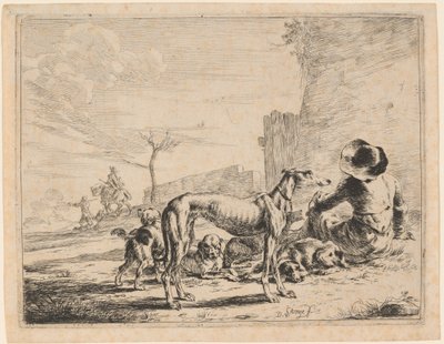 En sittande man med en flock hundar av Dirck Stoop