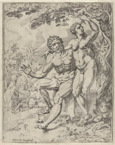 Adam och Eva skördar den förbjudna frukten Mänsklighetens fall och återlösning genom Kristi liv och lidande (serietitel) av Dirck Volckertsz. Coornhert (attributed to)
