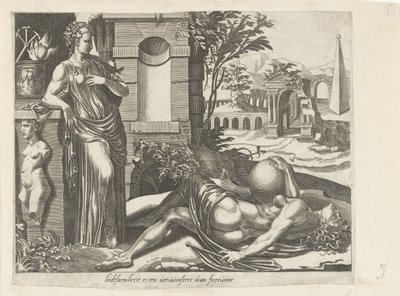 Förmögenhet gynnar inte dem som somnar; Tålamod som Victor of Fortune Tålamod erövrar lyckan Liidsaemheiit es a gainer of fortunne (titel på objekt) Ordspråk om Fortuna (serietitel) av Dirck Volckertsz. Coornhert (attributed to)