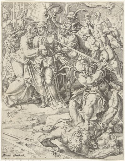 Judas kyss och arrestering av Kristus Fall och mänsklighetens återlösning genom Kristi liv och lidande (serietitel) av Dirck Volckertsz. Coornhert (attributed to)