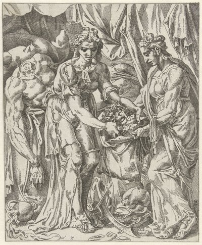 Judit stoppar Holofernes huvud i en påse Judit och Holofernes (serietitel) av Dirck Volckertsz. Coornhert (attributed to)