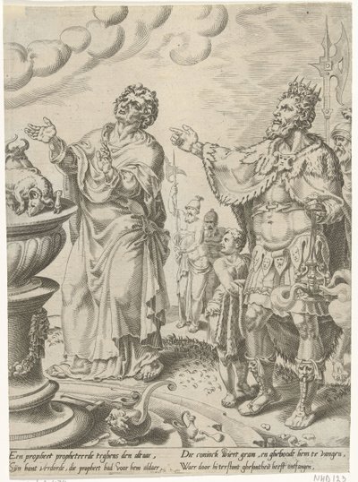 kung Jerobeam och gudsmannen framför altaret Story of the Disobedient Man of God (serietitel) av Dirck Volckertsz. Coornhert (attributed to)
