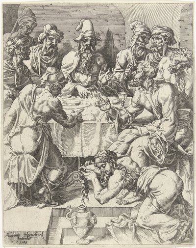Maria Magdalena tvättar Kristi fötter Mänsklighetens fall och återlösning genom Kristi liv och lidande (serietitel) av Dirck Volckertsz. Coornhert (attributed to)