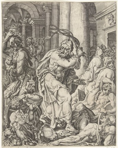 Utvisning av växlarna från templet Mänsklighetens fall och återlösning genom Kristi liv och lidande (serietitel) av Dirck Volckertsz. Coornhert (attributed to)