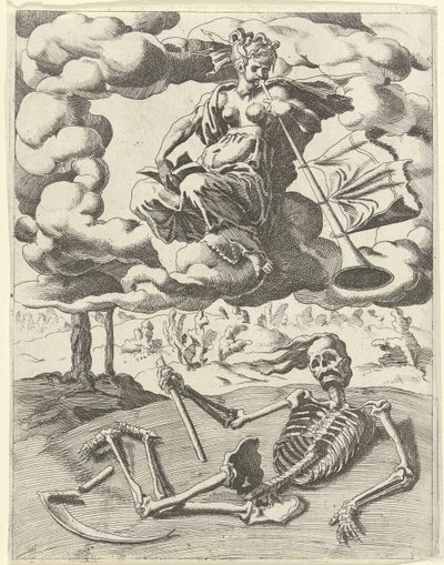 Berömmelse övervinner döden Triumphs of Petrarch (serietitel) av Dirck Volckertsz. Coornhert (possibly)
