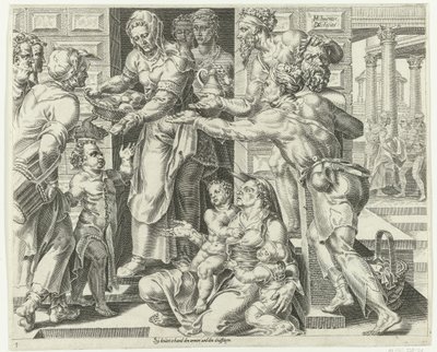 Den dygdiga kvinnan utövar välgörenhet Praise the Virtuous Housewife (serietitel) av Dirck Volckertsz. Coornhert