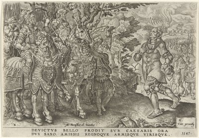 Överlämnande av hertigen av Sachsen på slagfältet i Mühlberg, 1547 Victories of Charles V (serietitel) Divi Caroli. V. imp. välja. max. victoriae, ex multis praecipuae (serietitel) av Dirck Volckertsz. Coornhert